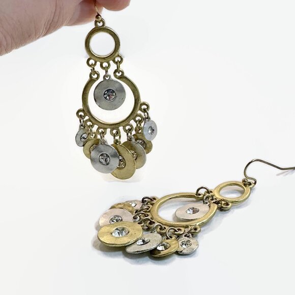 Dangle Earrings, Silver, Gold, Rhinestones, Modern, Matte Metal, 90s, Vintage - Picture 2 of 3